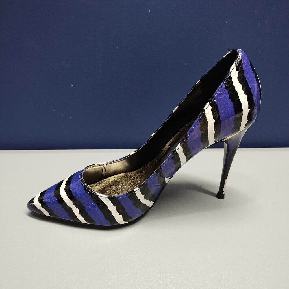 LFL Snakeskin Stiletto Pumps Heel Womens Sz 7 Purple Multi Pointed Toe Slip On - Picture 4 of 16